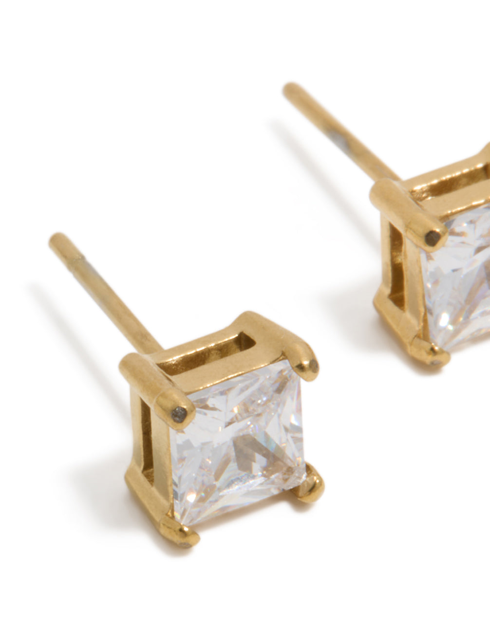 Highlighting mens waterproof small square cubic zirconia stud earrings in gold plated stainless steel close up view
