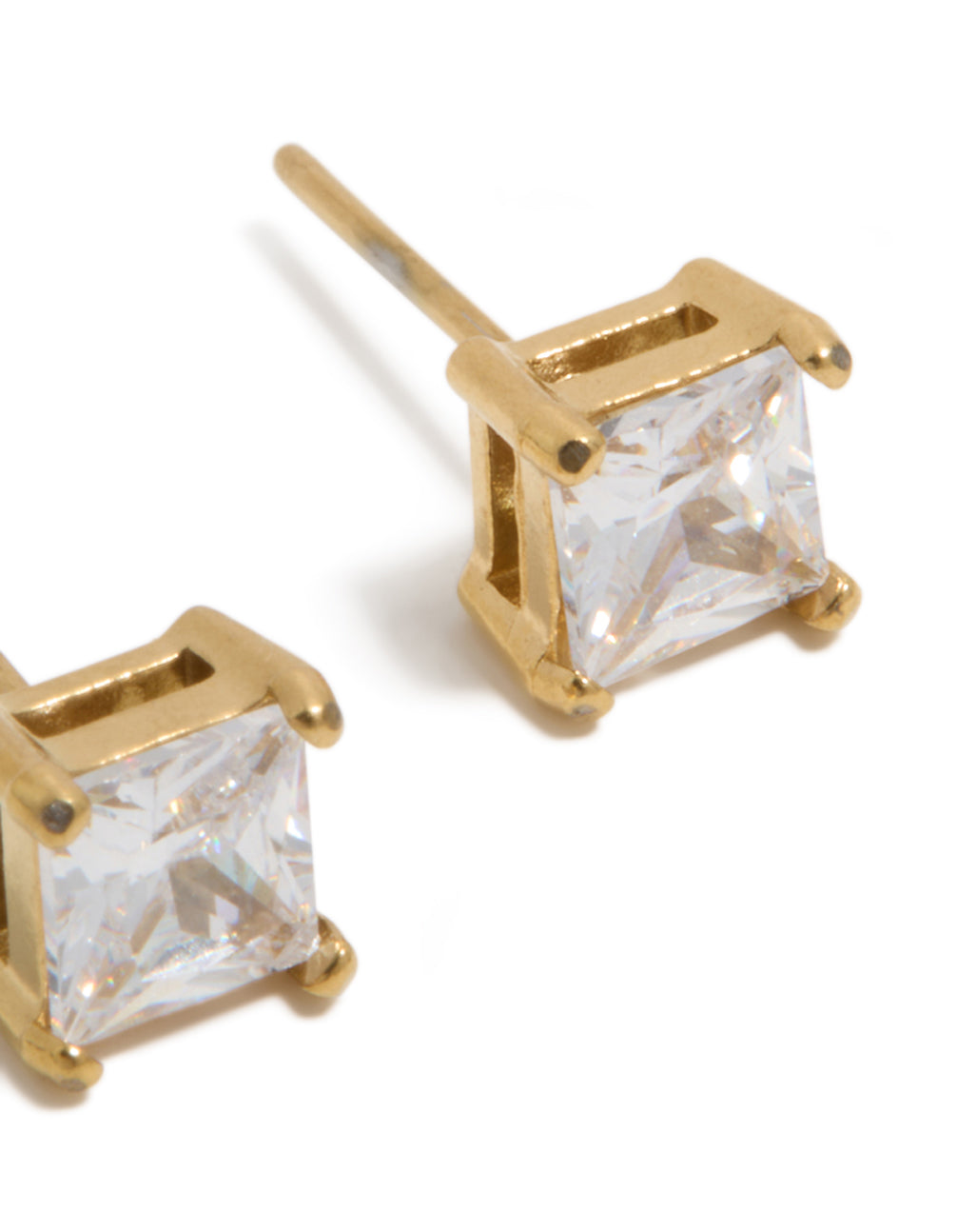 Displaying mens waterproof small square cubic zirconia stud earrings crafted from gold plated stainless steel post detail view