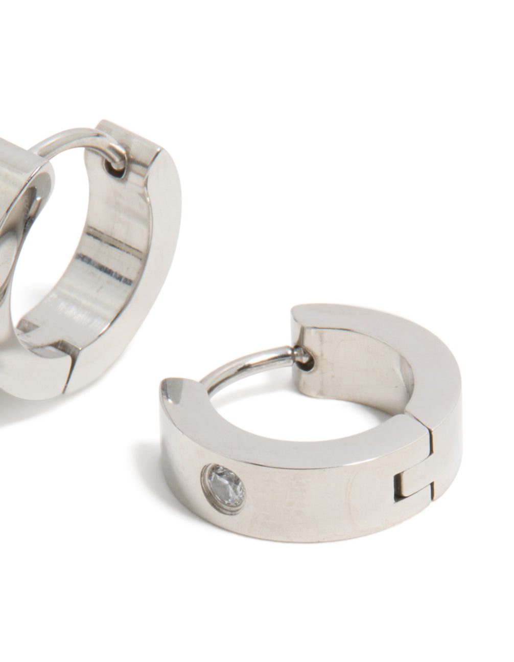 Highlighting mens waterproof stainless steel cubic zirconia huggie earrings post detail view