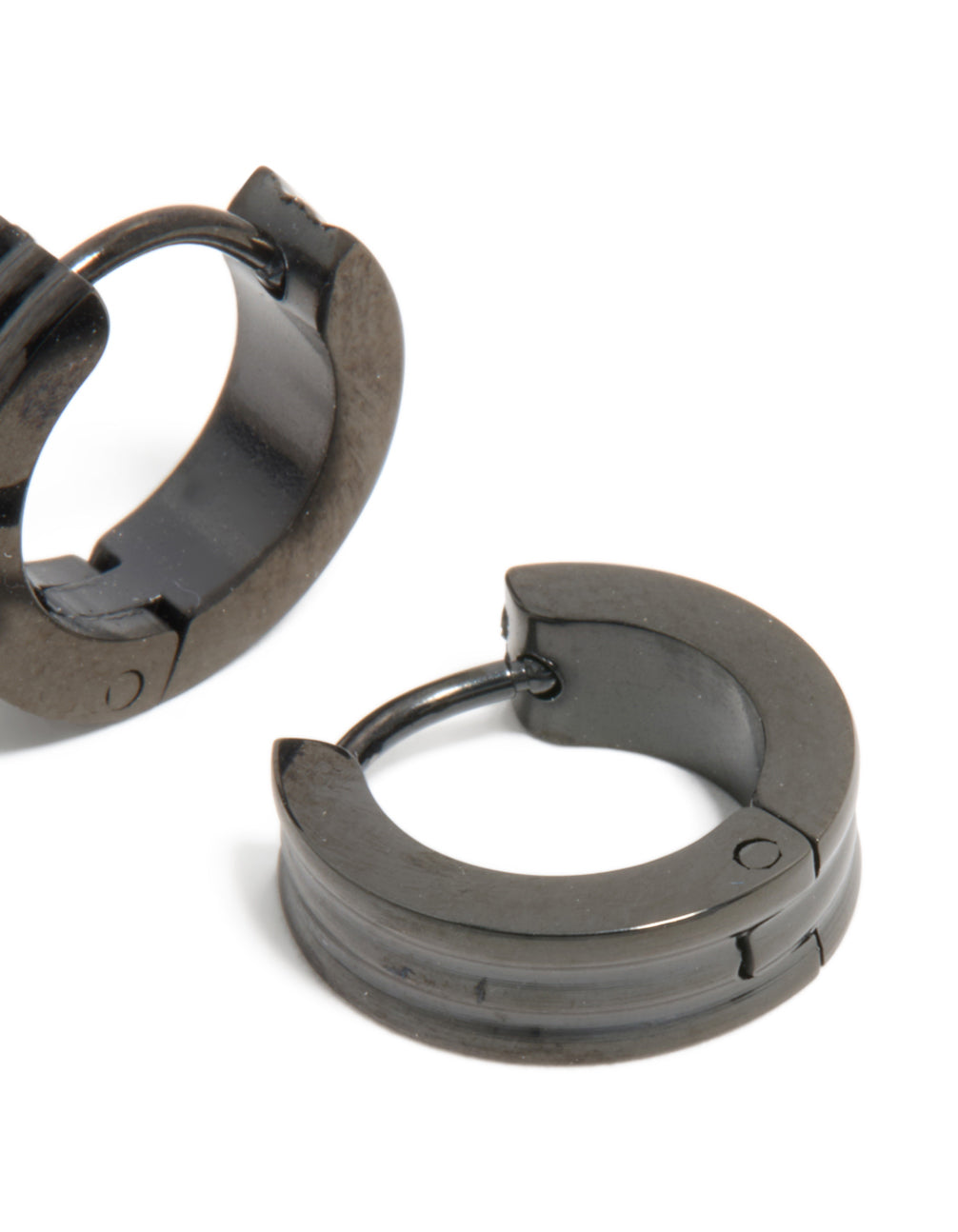Mens Waterproof Black Coated Stainless Steel Ribbed Huggie Earrings