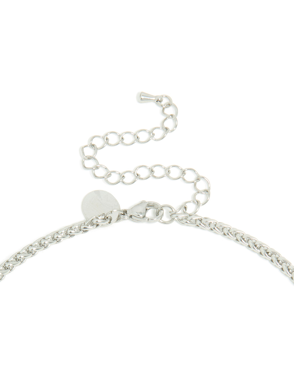 Highlighting a mens waterproof detailed cross pendant necklace in stainless steel and silver clasp detail view