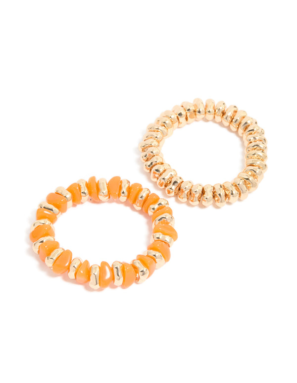 Featuring beaded stretch bracelets in a 2-pack with cord material crafted in gold and orange tones in front view
