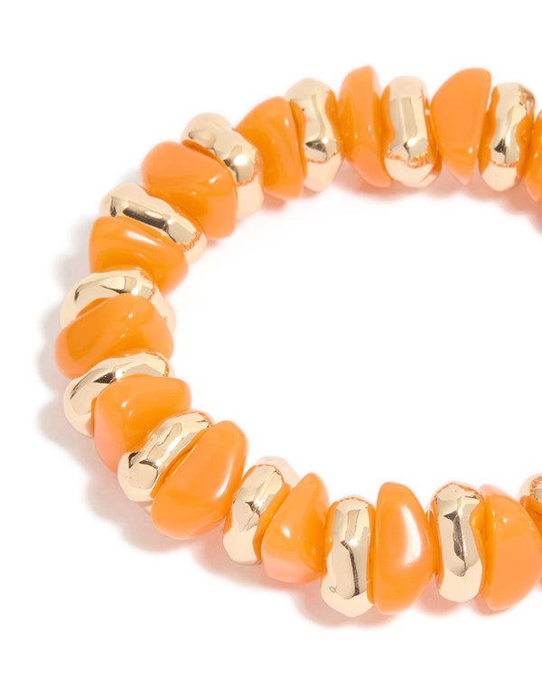 Discover beaded stretch bracelets in a 2-pack crafted from cord material with gold and orange hues in close up view