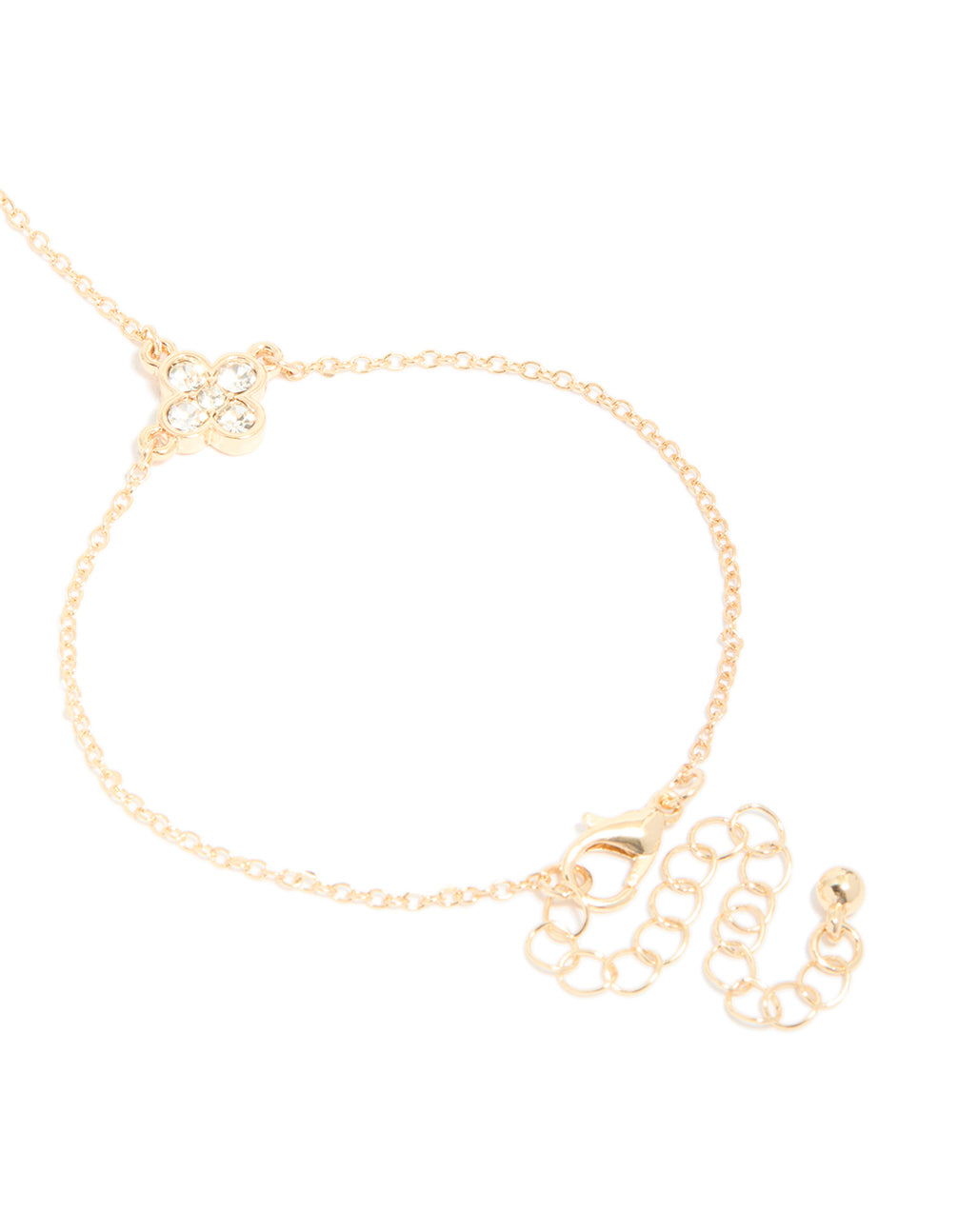 Crafted with gold diamante flower and fixed ring hand chain in dainty statement style closure detail view