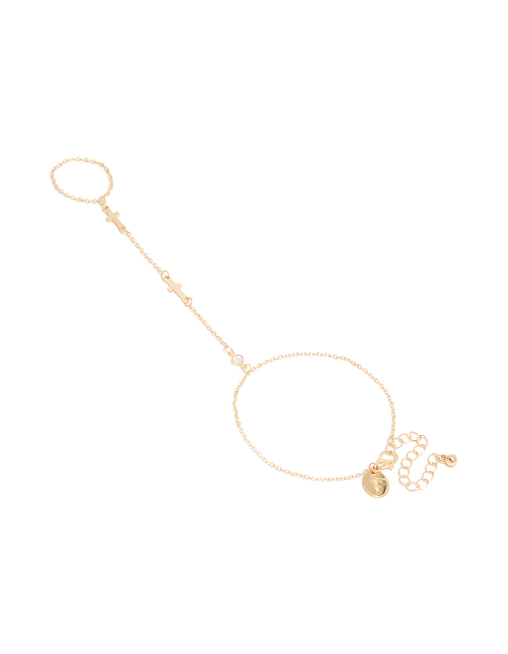 Introducing a gold hand chain bracelet featuring cross in front view