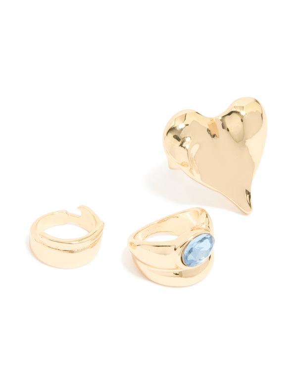 Gold Blue Gem & Heart Rings 3-Pack
