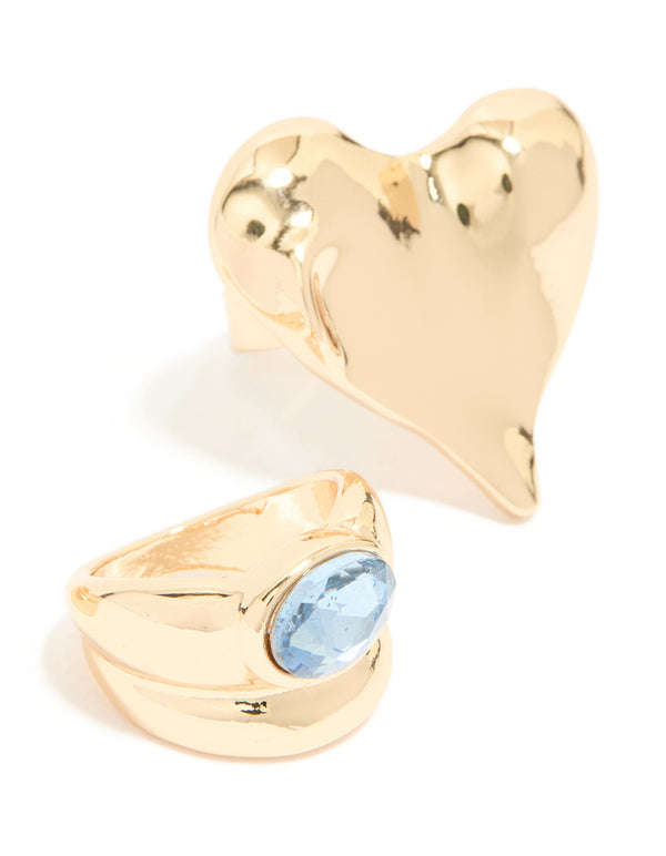 Gold Blue Gem & Heart Rings 3-Pack