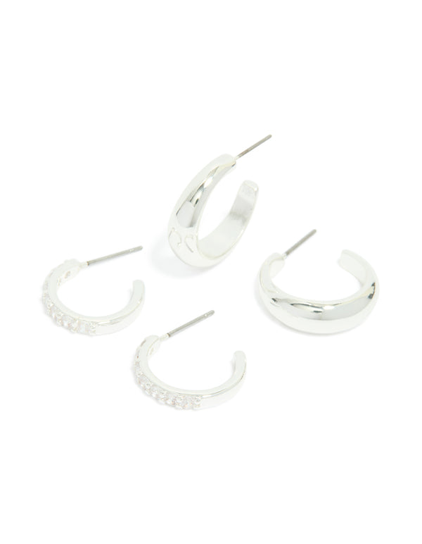 Silver Plated Cubic Zirconia & Smooth Hoop Earrings 2-Pack