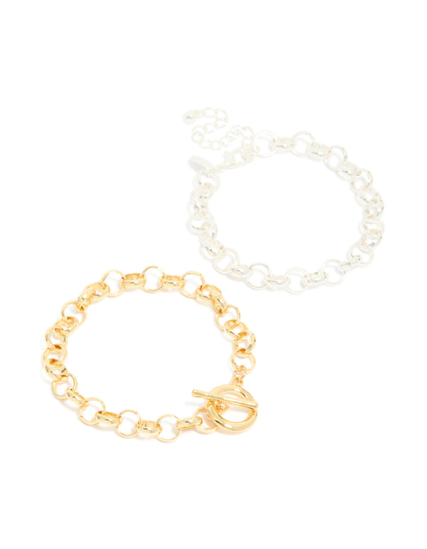 Mixed Metal Plated Round Open Fob Chain Bracelets 2-Pack
