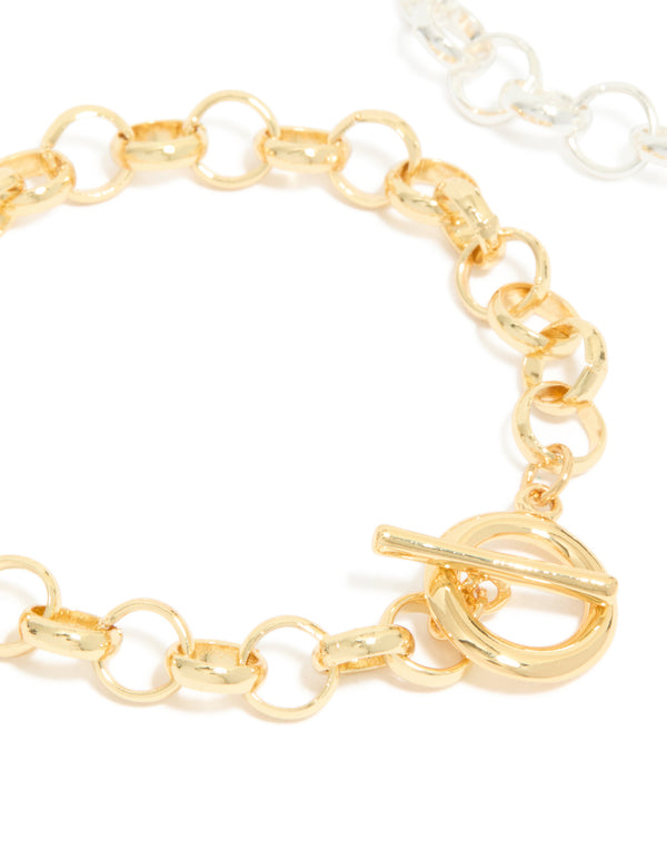 Mixed Metal Plated Round Open Fob Chain Bracelets 2-Pack