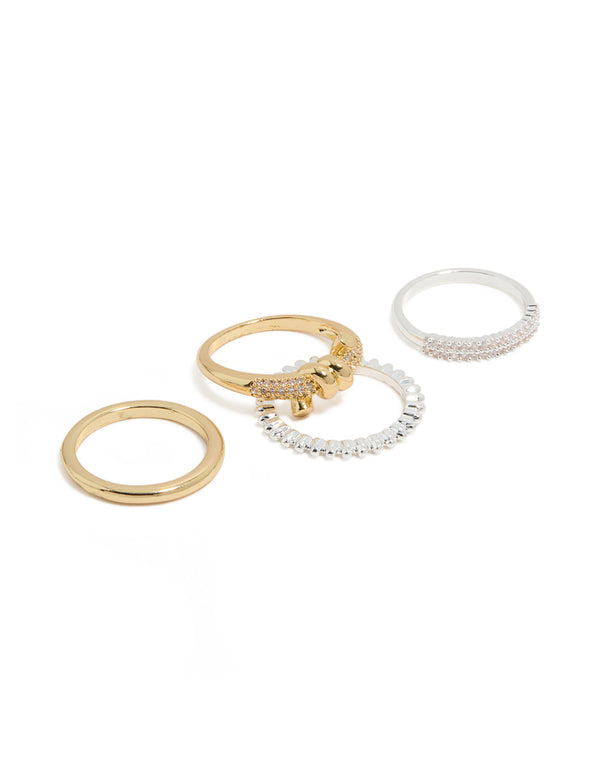 Mixed Metal Plated Cubic Zirconia Knotted Textured Rings 4-Pack