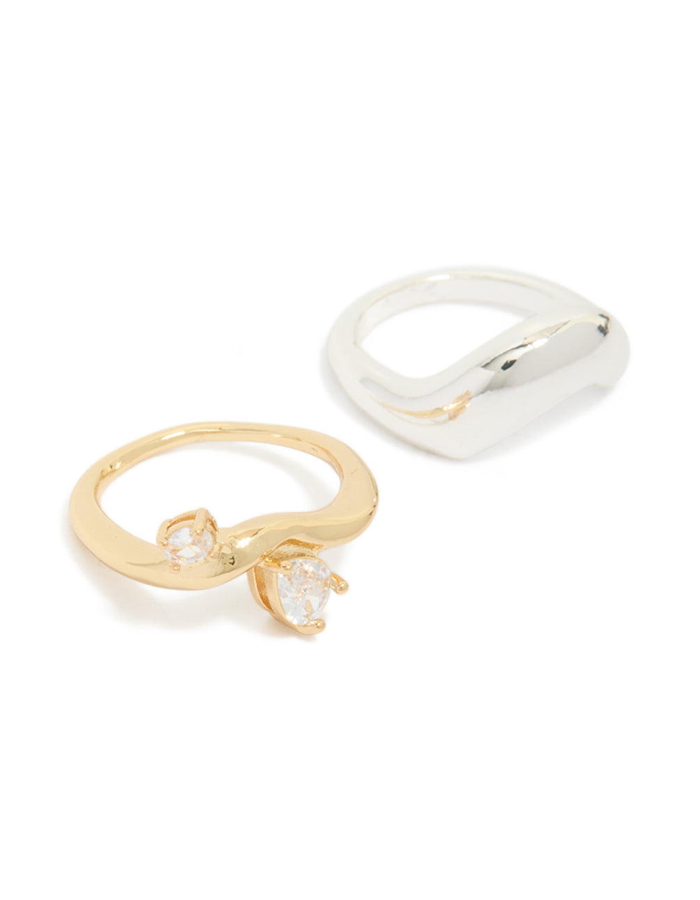 Discover mixed metal plated cubic zirconia chunky wave rings in a 2-pack on finger view