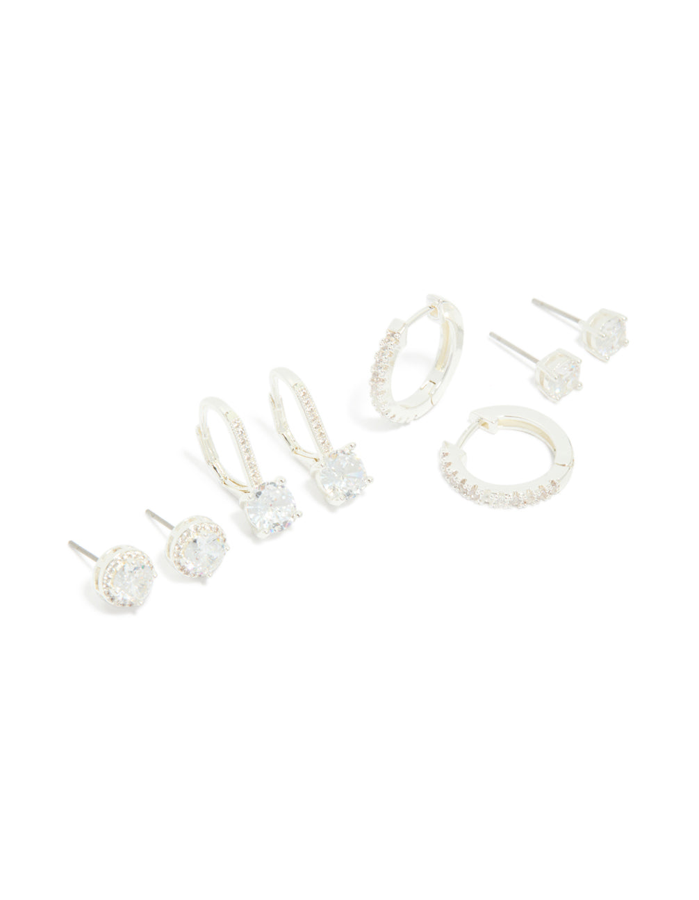 Showcasing silver plated cubic zirconia mixed stud and huggie earrings in a 4 pack front view
