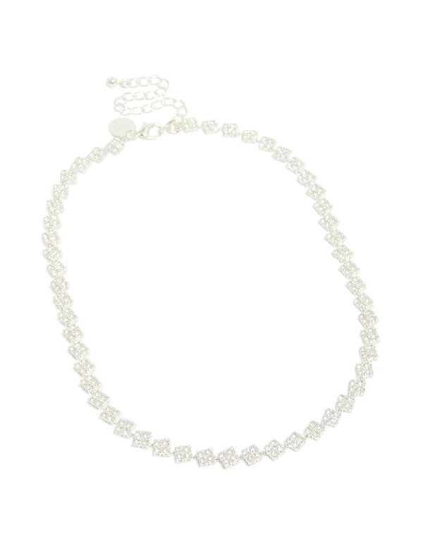 Beautifully crafted silver plated cubic zirconia multi flower necklace in statement style front view