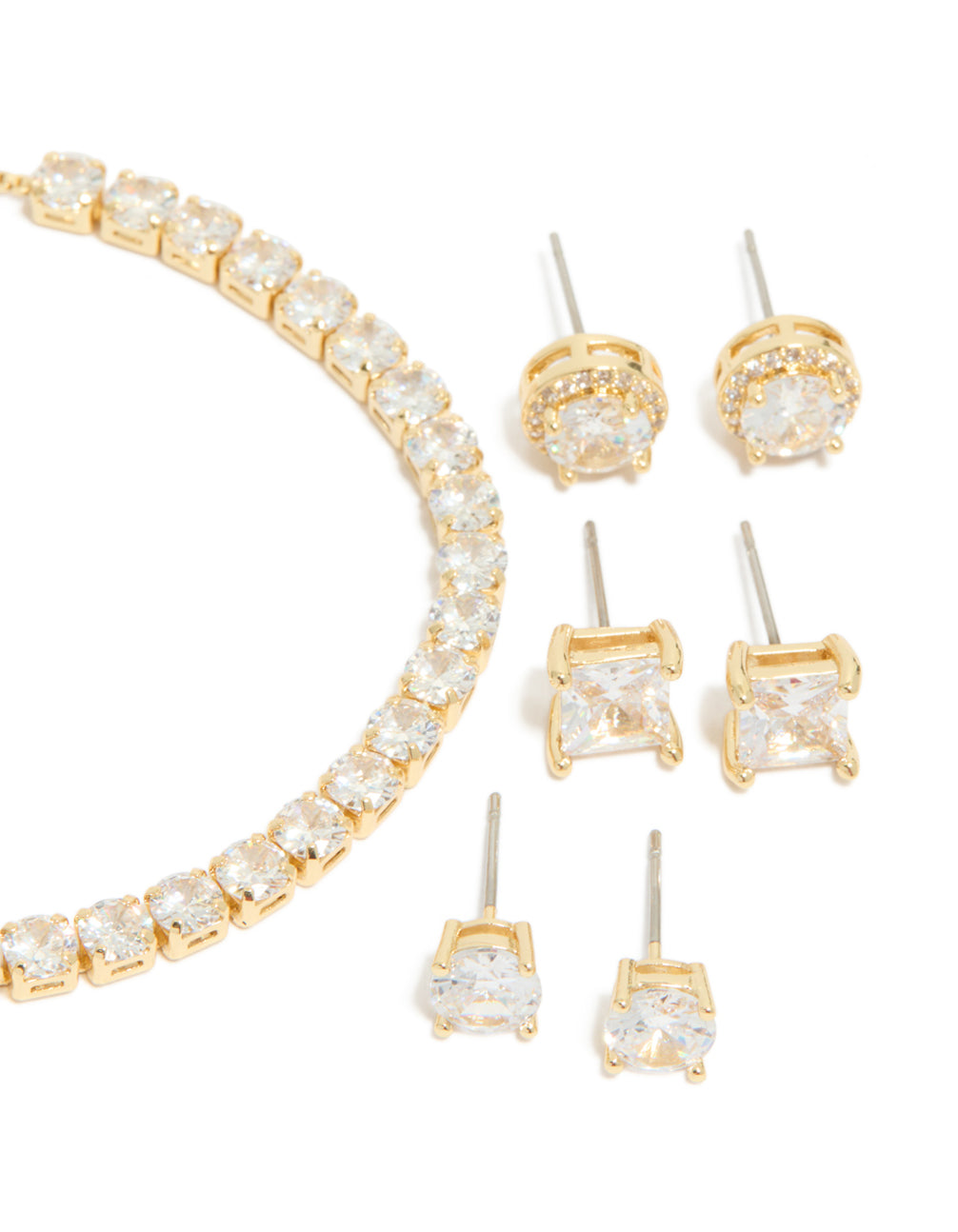 Gold Plated Cubic Zirconia Mixed Stud Earrings & Bracelet Set