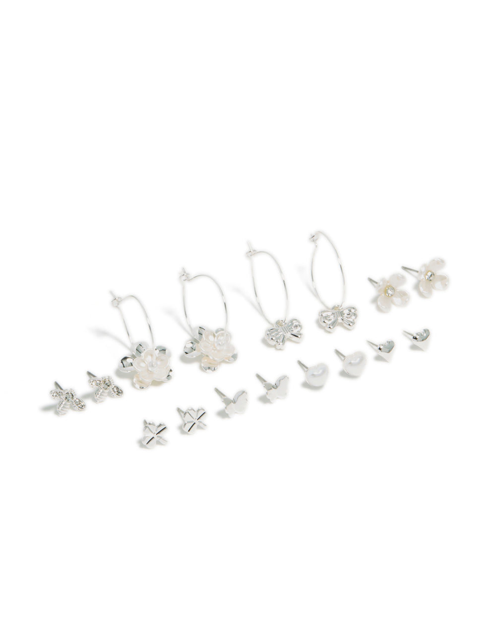 Silver Bee & Pearlised Flower Earrings 8-Pack