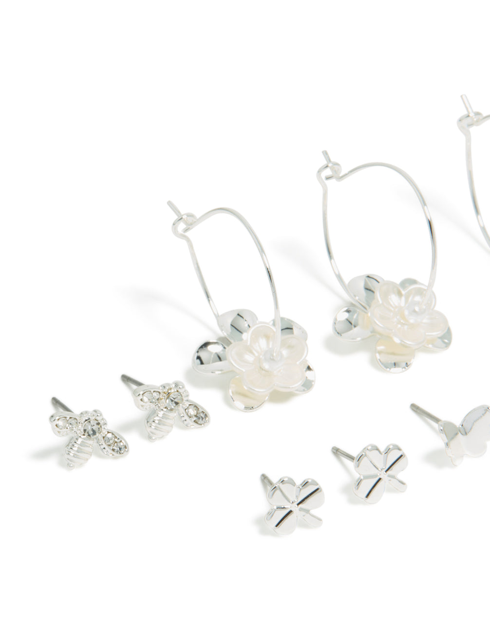 Silver Bee & Pearlised Flower Earrings 8-Pack