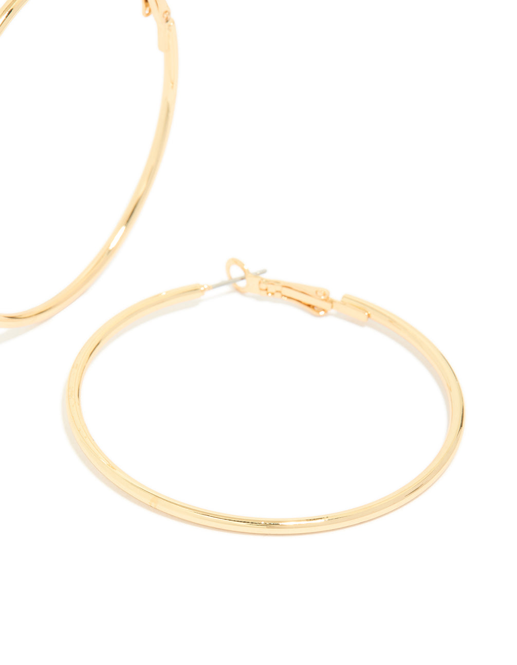 Crafted from gold plated material, thin hoop earrings with fastening post detail view