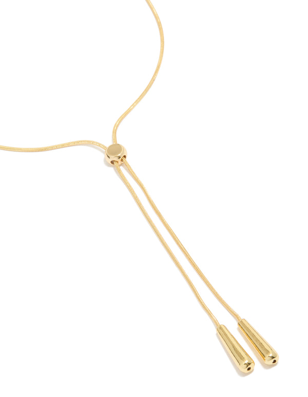 Featuring a gold plated adjustable teardrop end toggle necklace close up view