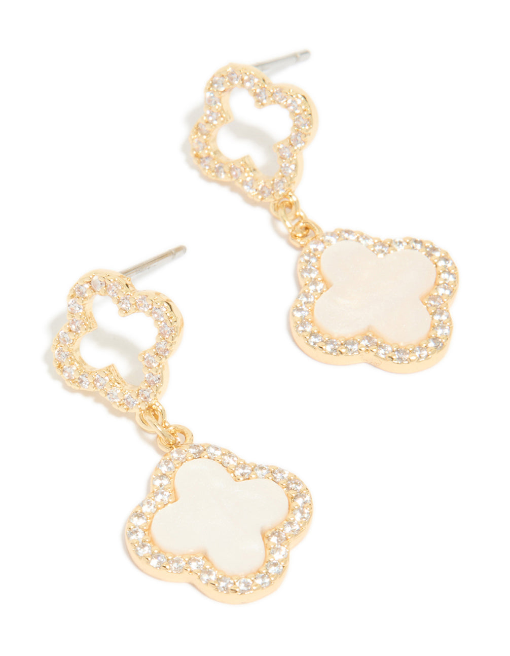 Elegant gold plated floral earrings with cubic zirconia and pink inlay detail front view