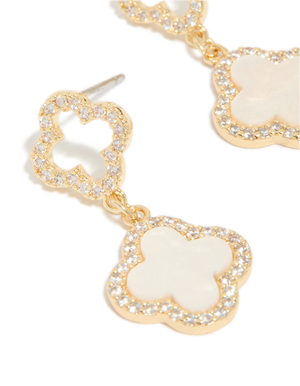 Detailed view of gold plated floral earrings with cubic zirconia and pink inlay close up view