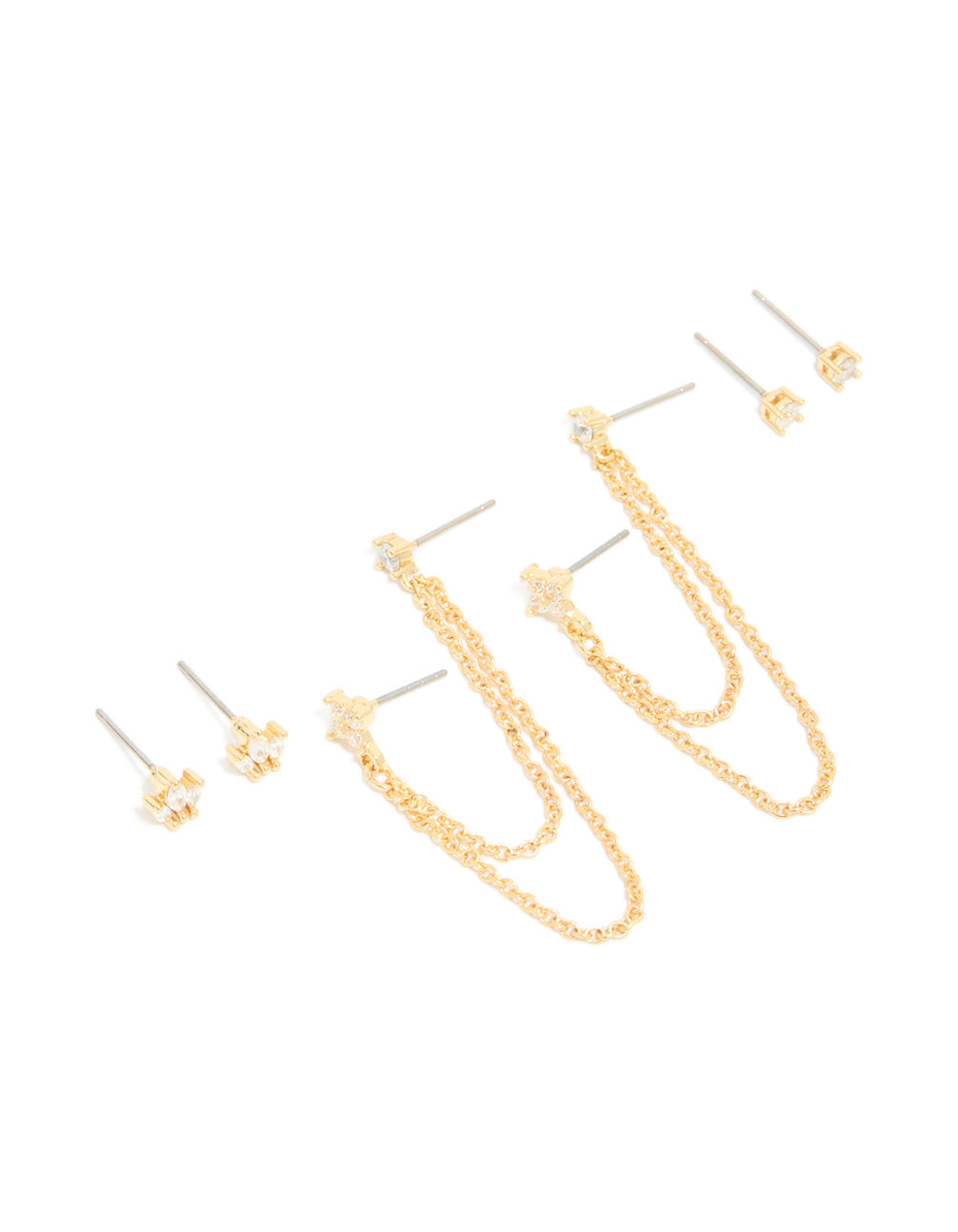 Gold Plated Cubic Zirconia Double Chain & Stud Stacker Earrings 3-Pack