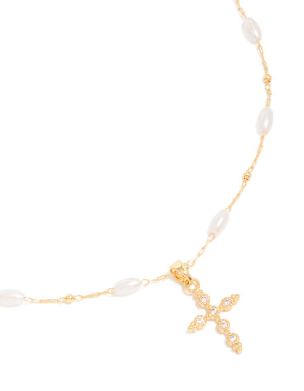 Gold Plated Cubic Zirconia Cross & Pearl Necklace