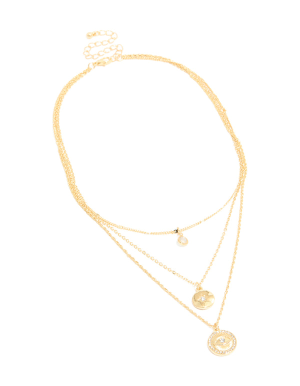 This layered necklace is crafted from gold plating featuring cubic zirconia, evil eye, and circle pendants front view