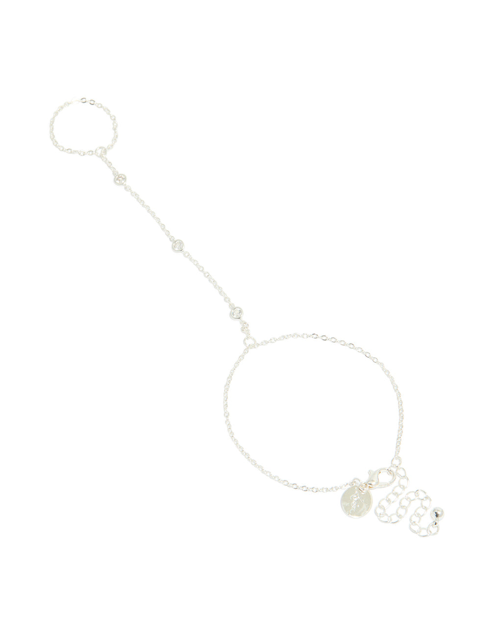 Showcasing a silver plated hand chain bracelet featuring cubic zirconia front view