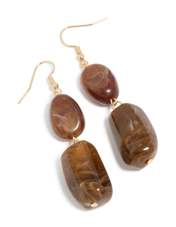 Gold Rectangular Brown Beaded Drop Earrings