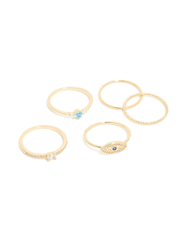 Discover this gold plated cubic zirconia and evil eye rings 5-pack featuring with crystal accents front view