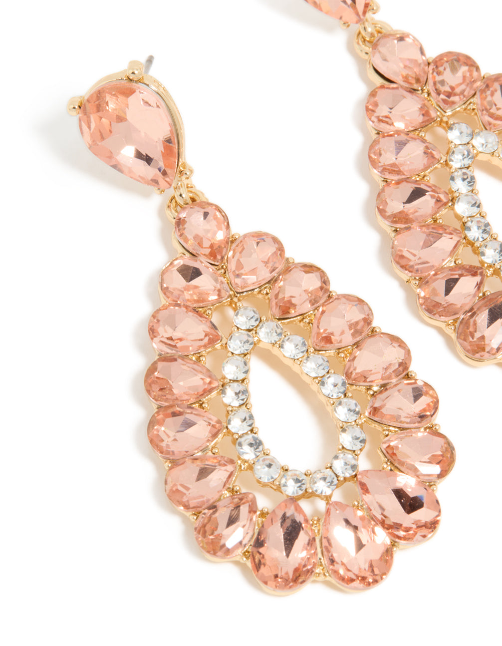 Capturing gold pink and clear diamante elegant pear drop earrings with statement style close up view
