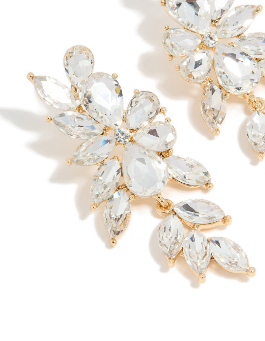 Featuring gold diamante chunky floral drop earrings with statement style close up view