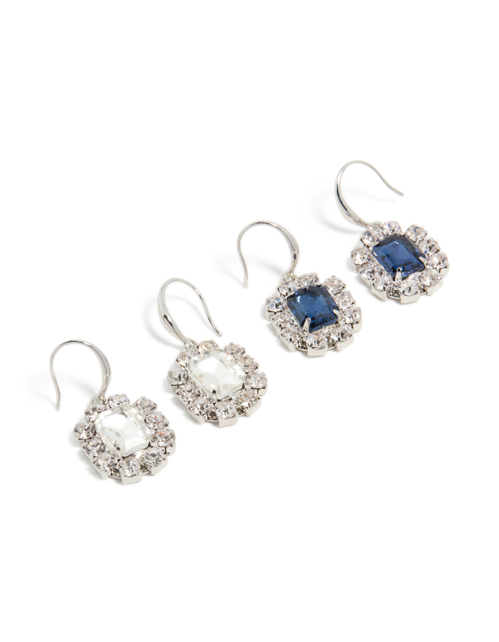 Showcasing silver clear and blue diamante hook earrings 2-pack with royal blue and clear stones front view