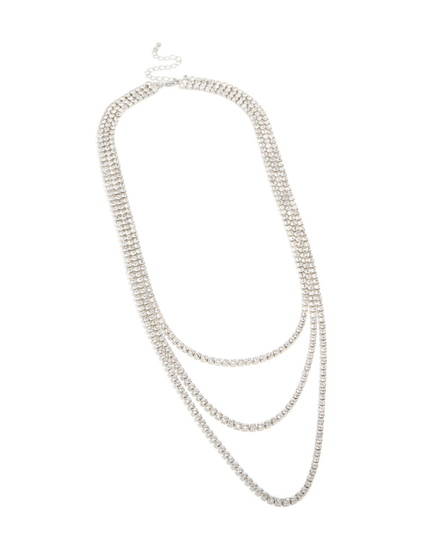 Silver Diamante Tennis Triple Layered Necklace