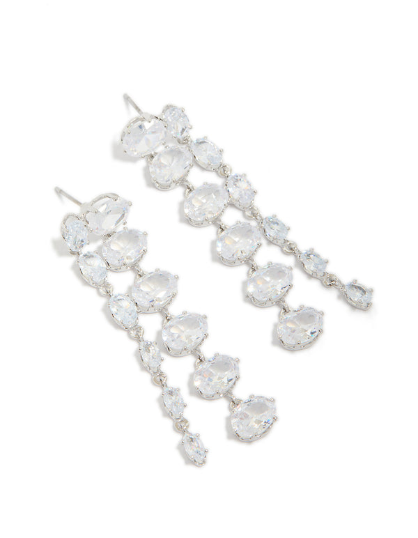 Silver Cubic Zirconia Oval Layered Drop Earrings