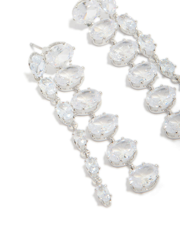 Silver Cubic Zirconia Oval Layered Drop Earrings