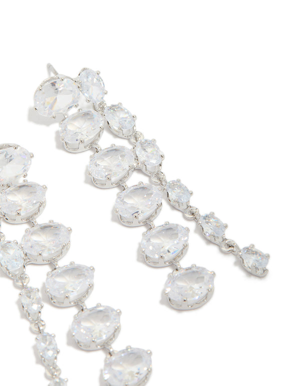 Silver Cubic Zirconia Oval Layered Drop Earrings
