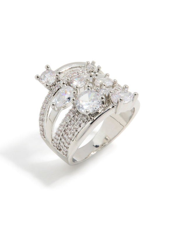 Featuring a silver multi cubic zirconia layered wrap ring with clear stones in a detailed side detail view