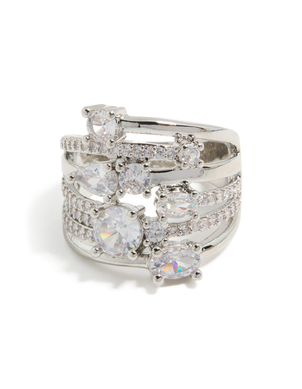 Highlighting a silver multi cubic zirconia layered wrap ring with clear stones in a stunning close up view