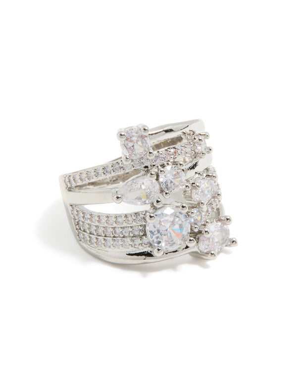 Showcasing a silver multi cubic zirconia layered wrap ring with clear stones in a striking front view