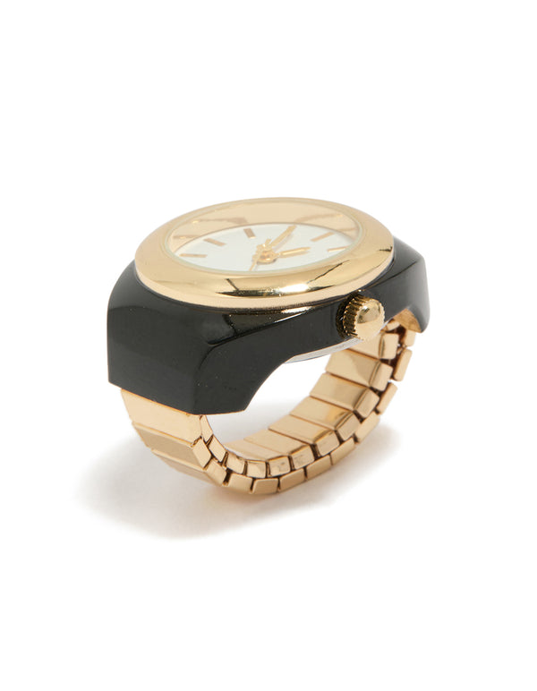 Elegant ring watch with white dial round shape women's casual analog style in gold front view