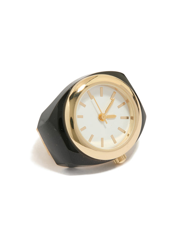 Statement ring watch featuring white dial round shape women's casual analog design in gold watch face detail view