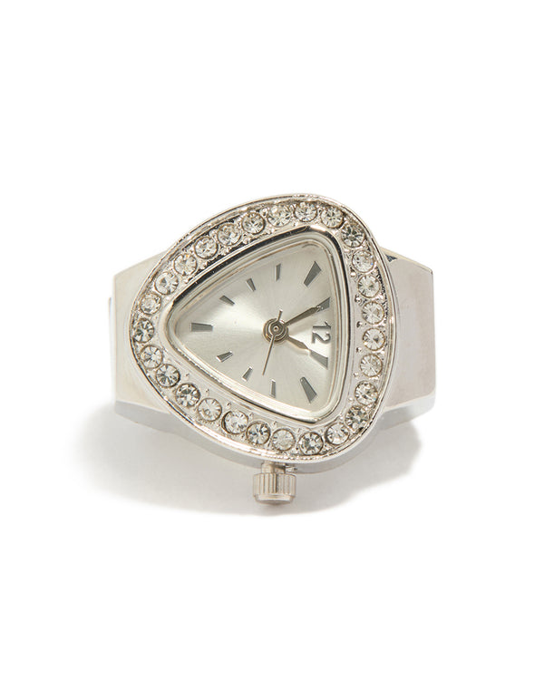Elegant statement watch ring with stone look dial in grey, analog type, casual occasion, link band strap in silver for women front view