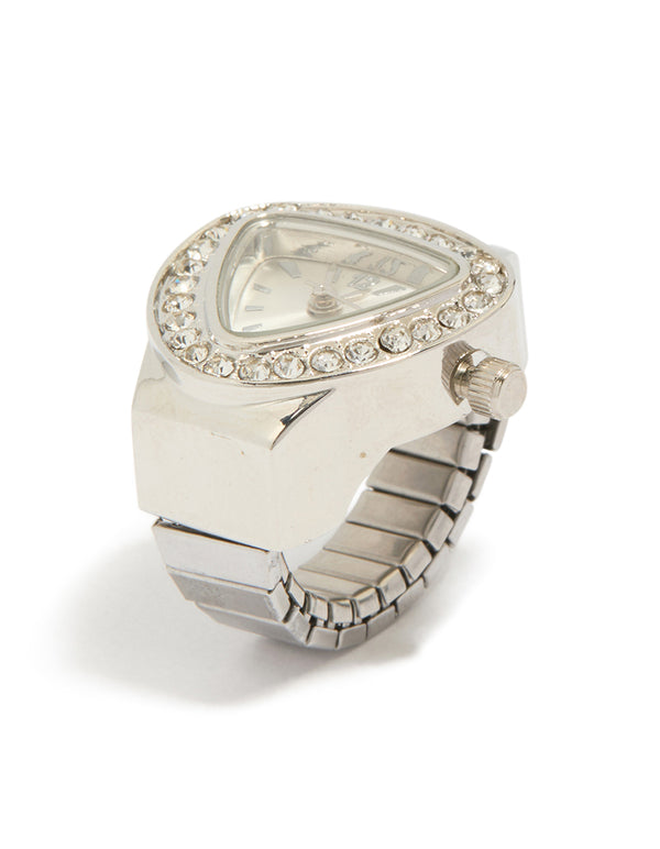 Elegant statement watch ring with stone look dial in grey, analog type, casual occasion, link band strap in silver for women front view