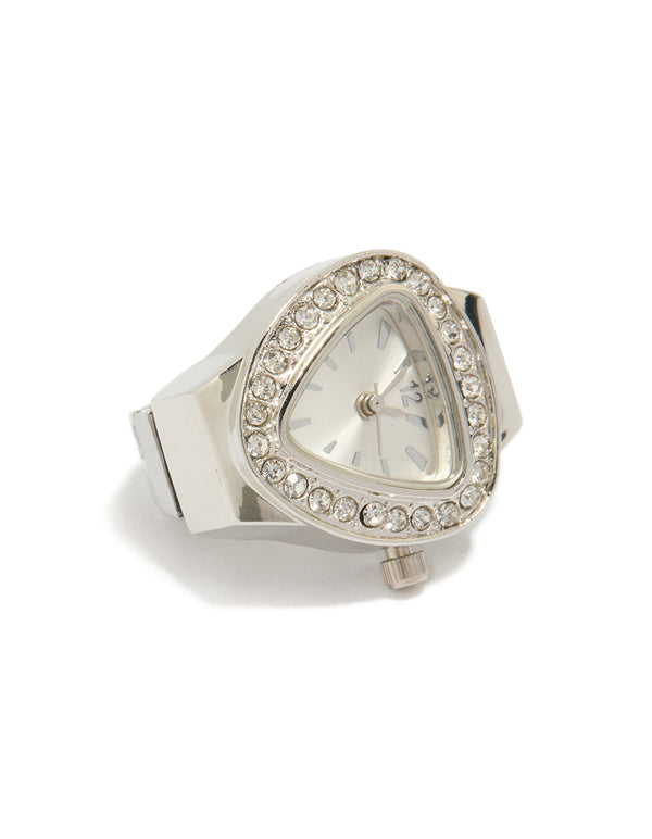 Featuring a statement watch ring with stone look dial in grey, analog type, casual occasion, link band strap in silver for women watch face detail view