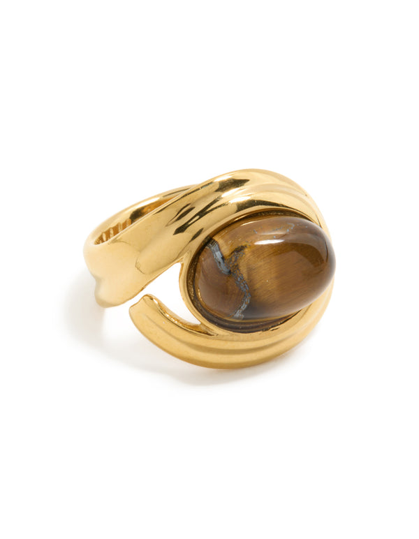 Waterproof Gold Plated Stainless Steel Brown Marble Oval Ring