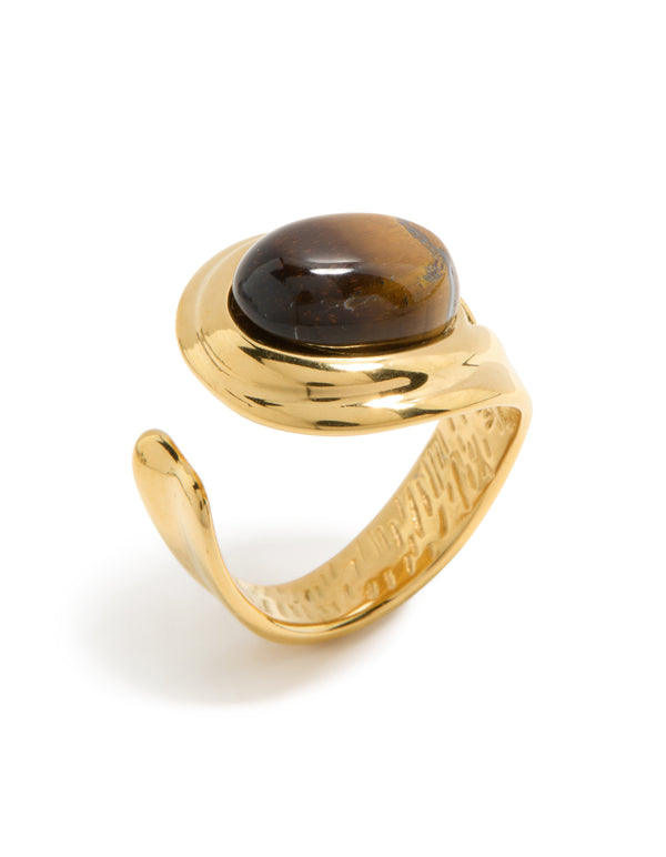 Beautifully designed waterproof gold plated stainless steel statement ring with oval brown marble stone front view