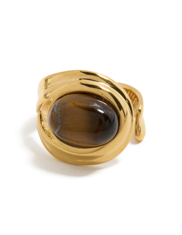 Stunning waterproof gold plated stainless steel statement ring featuring oval brown marble stone side detail view