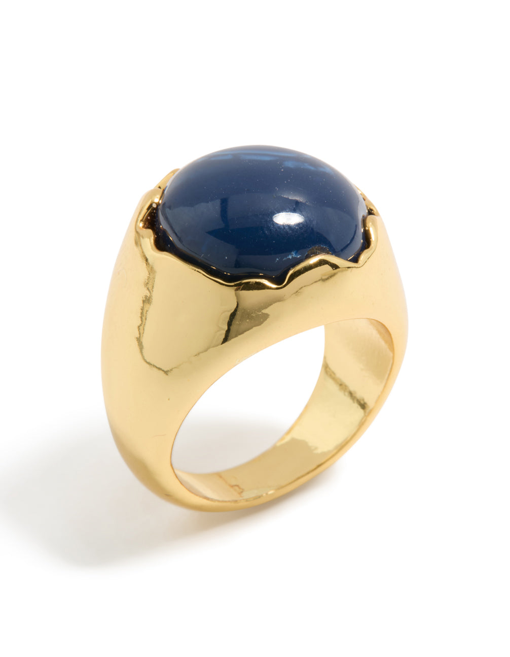 Gold plated oversized blue jewel ring with navy stone side detail view